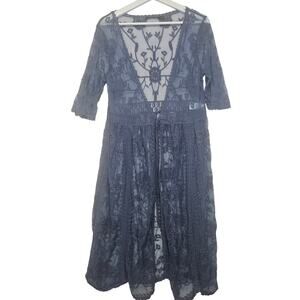 Doe & Rae Blue Lace Long Line Short Sleeve Cardigan